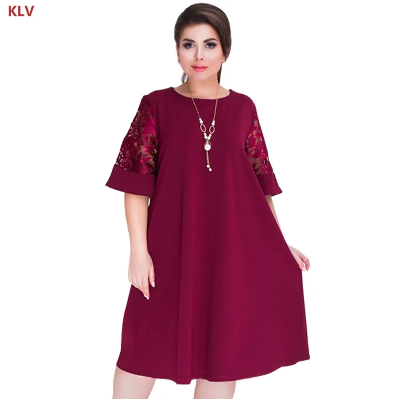 

KLV Splice Loose Lace Summer Dresses Plus Size Women Knee-Length Office Dress