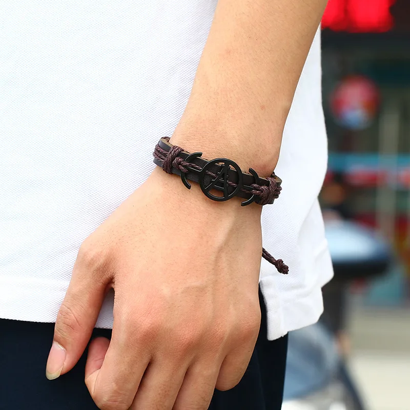 Черный кожаный браслет Двойное сердце череп железная башня ладонь музыкальные