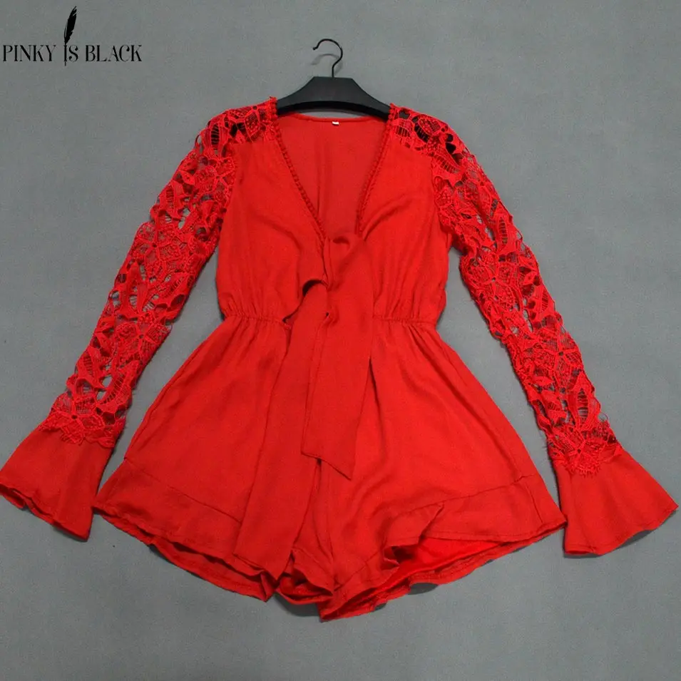 

Pinky Is Black exy v neck lace summer jumpsuit romper Women hollow out short playsuit Elegant bow flare long sleeve overalls