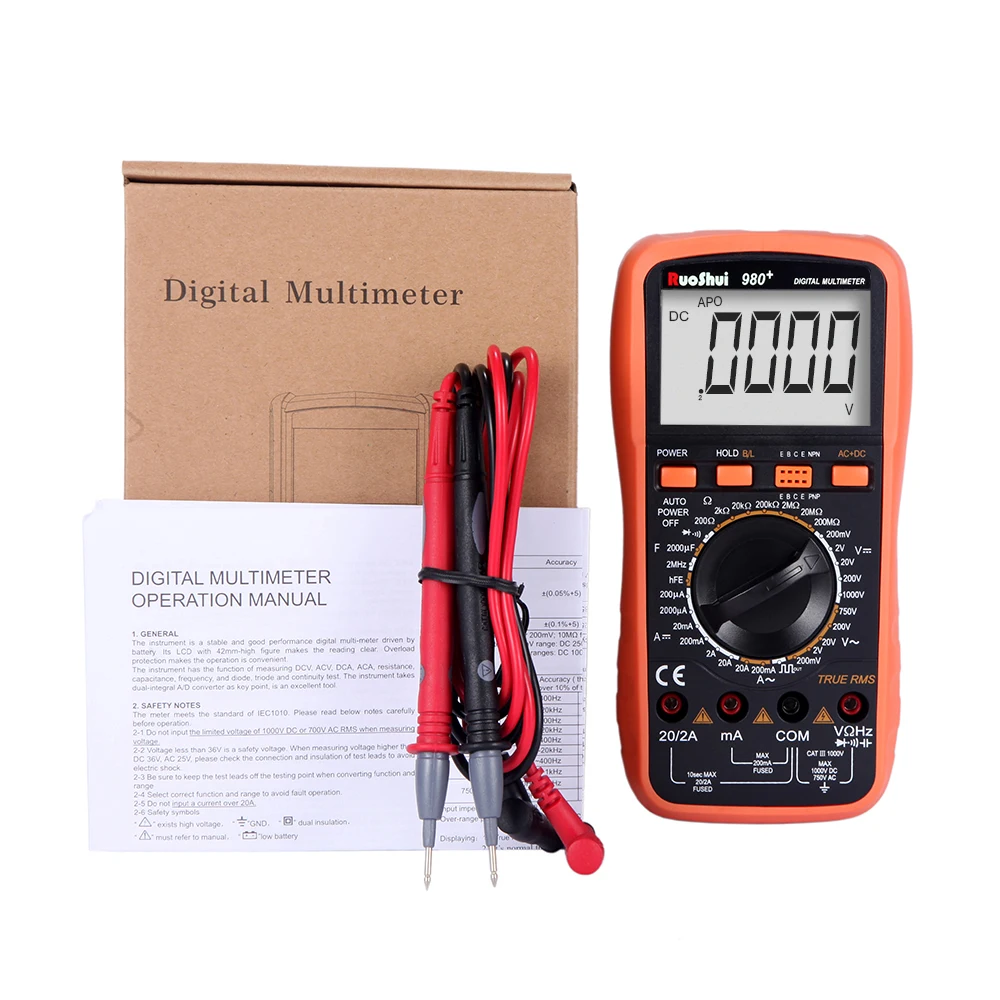

RuoShui VC980+ True RMS AC DC Digital Multimeter Voltage Current Resistance Capacitance Conductance Electrical Multimetro Tester