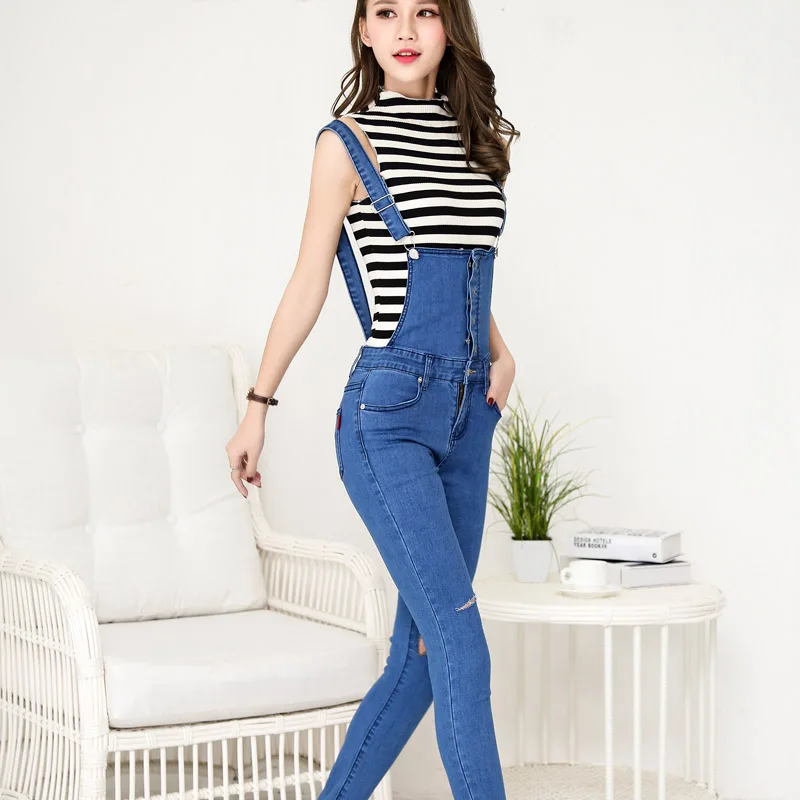 Vetevidi 2017 джинсовый комбинезон женский Vaqueros длинные штаны рваные джинсы