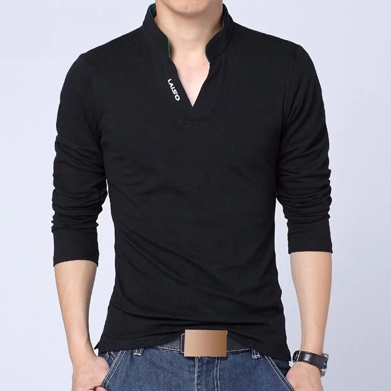 Black Мужские футболки с длинными рукавами, одноцветная футболка, рубашка Camisa, мужская повседневная Модная хлопковая футболка, топы брендовая одежда - Цвет: Black