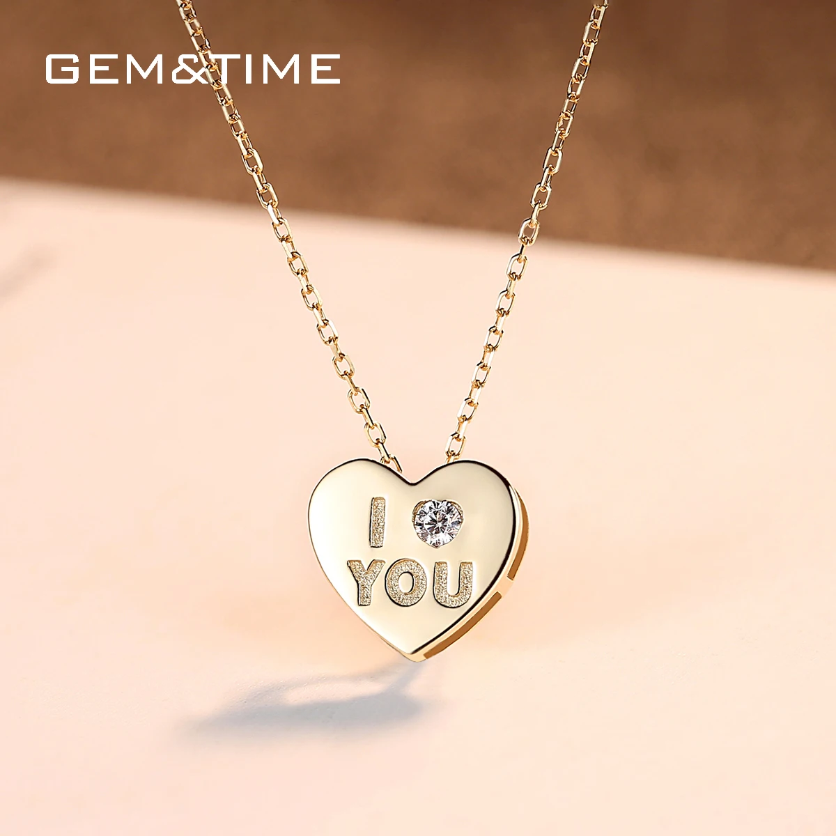 Gem& Time 14k Золотое короткое ожерелье с подвеской в виде сердца с надписью «Love You» Для женщин CZ циркониевое Очаровательное ожерелье ювелирные изделия из желтого золота N14132