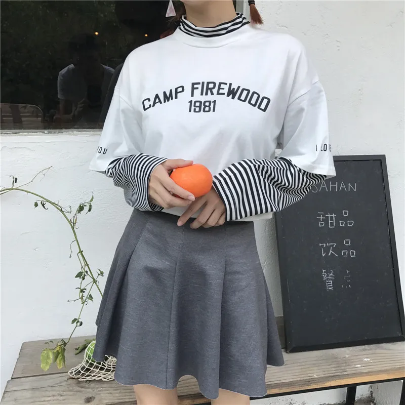 Harajuku/футболка с длинными рукавами, Весенняя новинка, kpop, Женский Топ, ulzzang, свободная, дикая, повседневная, с высоким воротом, поддельная, из двух частей, футболка, S-2XL