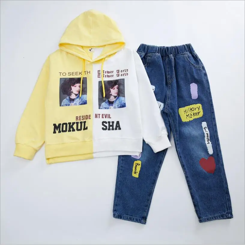 Весенне осенний детский Модный повседневный комплект с принтом топы капюшоном