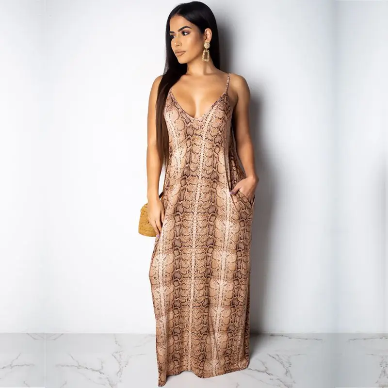ZKYZWX под змеиную кожу сексуальным вырезом на спине и Maxi Dress Vestidos Для женщин