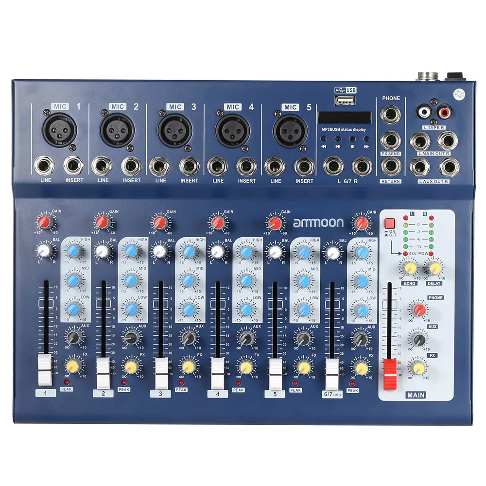 Ammoon F7 USB 7 канальный цифровой микрофон линейный звуковой миксер микшерная консоль