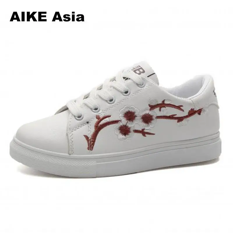Aike ASIA/летние женские кроссовки; модная дышащая Вулканизированная обувь из искусственной кожи на платформе со шнуровкой; повседневная обувь белого цвета с вышивкой - Цвет: Brown