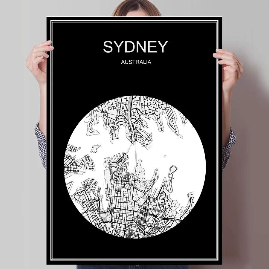 Черно белая карта города Сидней Австралия печатный плакат печать на бумаге или