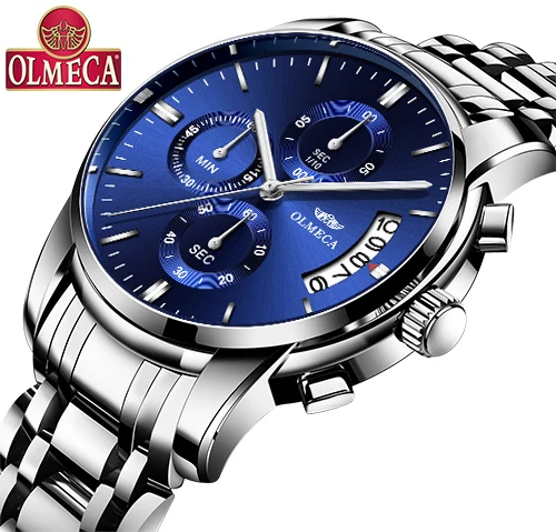 Silver Blue OLMECA часы для мужчин люксовый бренд Relogio Masculino нержавеющая сталь бизнесмен водонепроницаемые часы хронограф Мужские кварцевые наручные часы - Цвет: Silver Blue