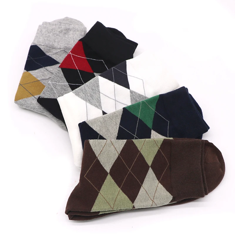

2pcs/1pair Men's Warm Socks Casual Rhombus Prints Dress Socks Spring Autumn Winter Business Cotton Socks for Male Thermal Sock