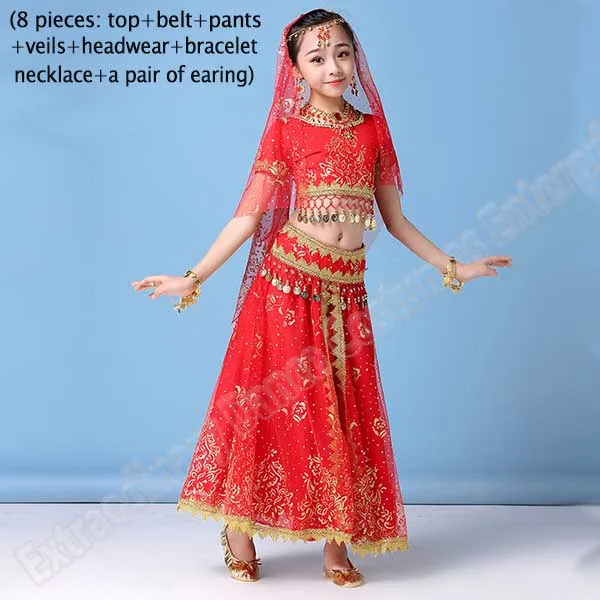 Red-8pcs Стиль, детский индийский костюм для танца живота, сари, Болливуд, детский наряд, шифоновый топ на Хэллоуин, пояс, юбка, вуаль, головной убор - Цвет: Red-8pcs