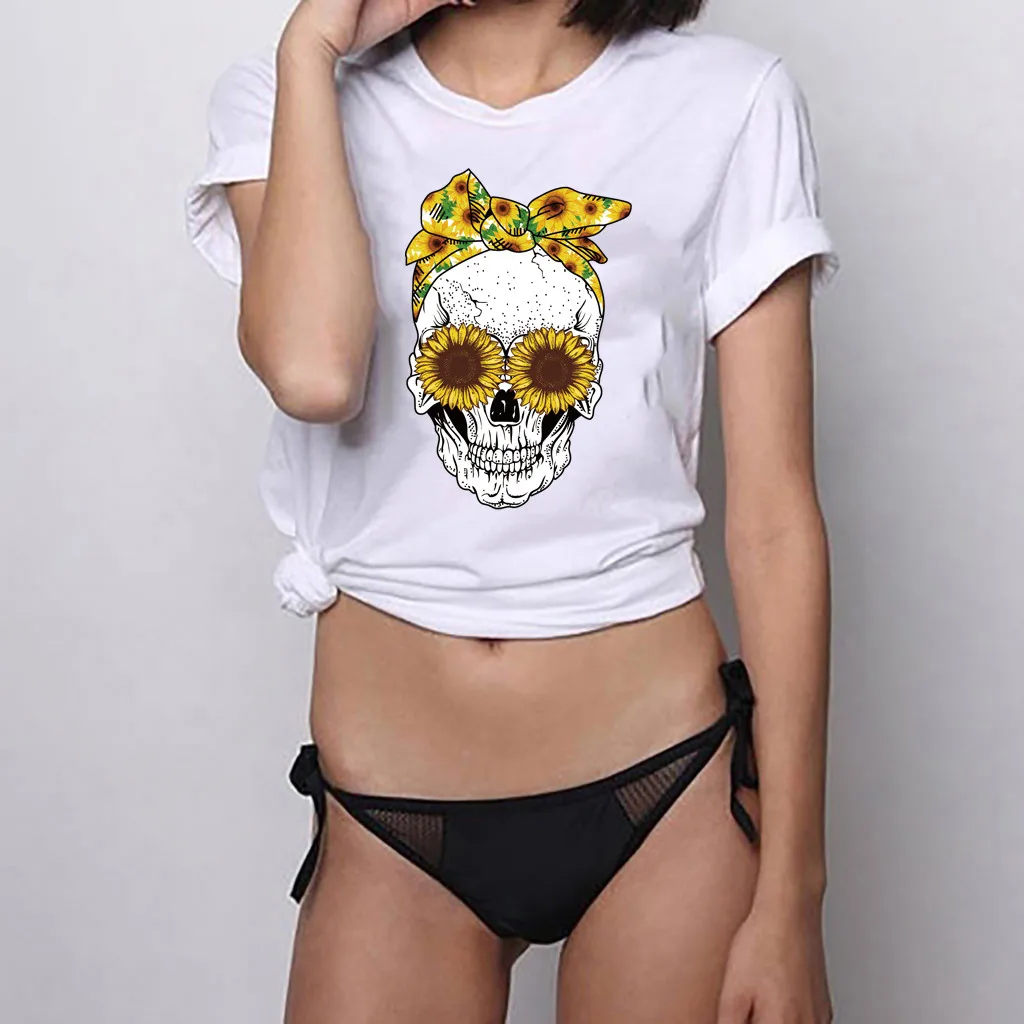 Женская футболка большого размера с милым принтом черепа и коротким рукавом