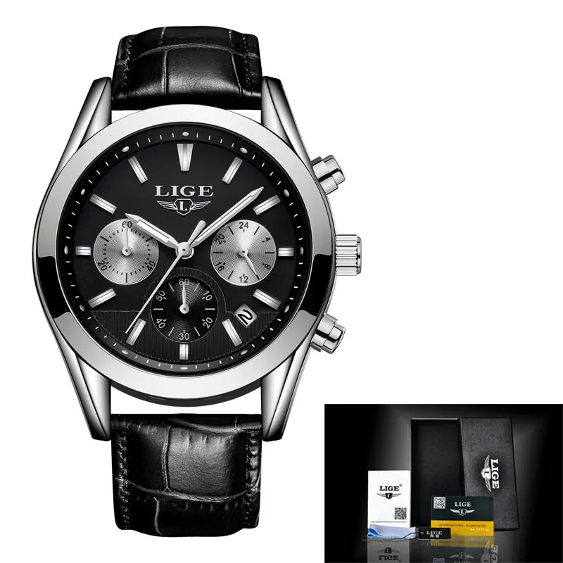 Silver black L Relojes Hombre LIGE мужские часы Лидирующий бренд Роскошные коричневые кожаные деловые кварцевые часы мужские военные спортивные водонепроницаемые часы - Цвет: Silver black L