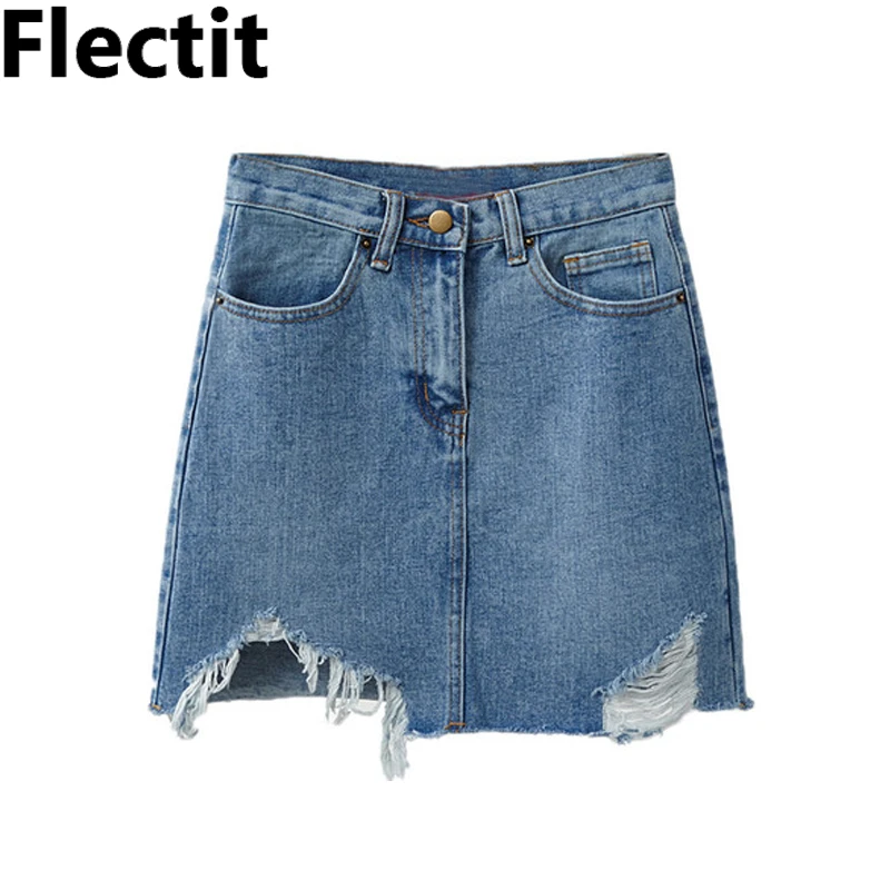 Flectit летняя рваная джинсовая юбка для женщин 90 s уличный стиль потертый Подол мини "рваные" джинсы Юбки Леди Saia Feminina