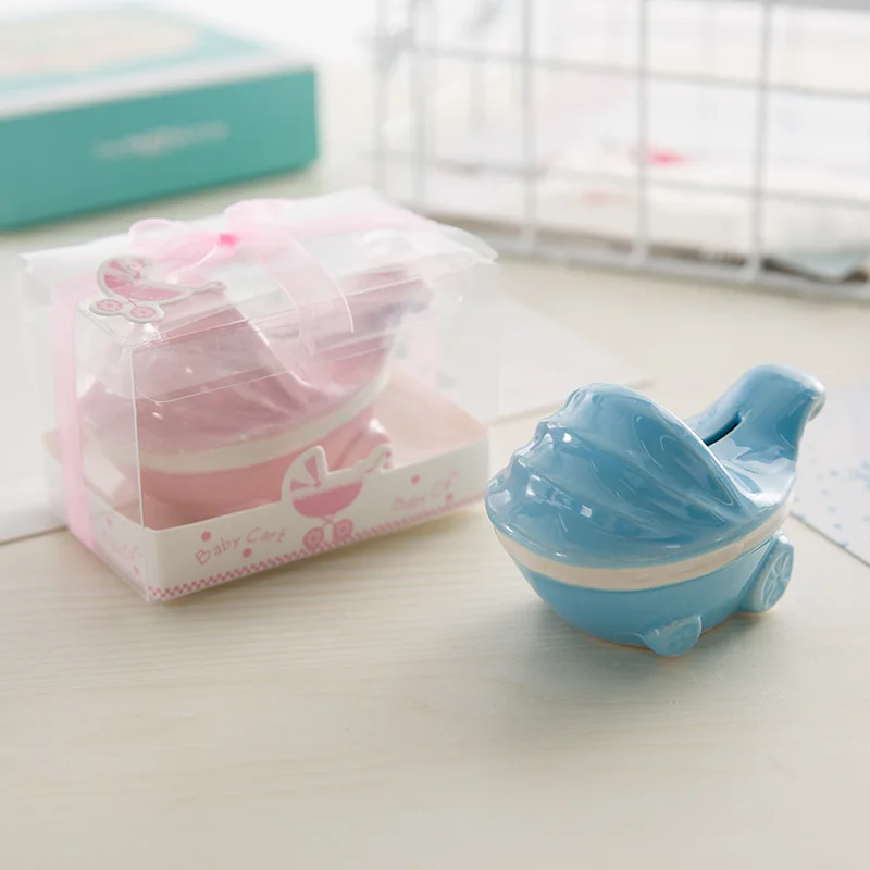 

10pcs ceramic baby strollers money boxes with pvc box creative gifts and favors baby shower christening gift party piggy bank