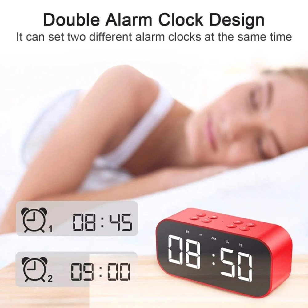 Bluetooth Speaker with FM Radio LED Mirror Alarm Clock Subwoofer Music Player Snooze Desktop Clock Portable Mirror MP3 Player