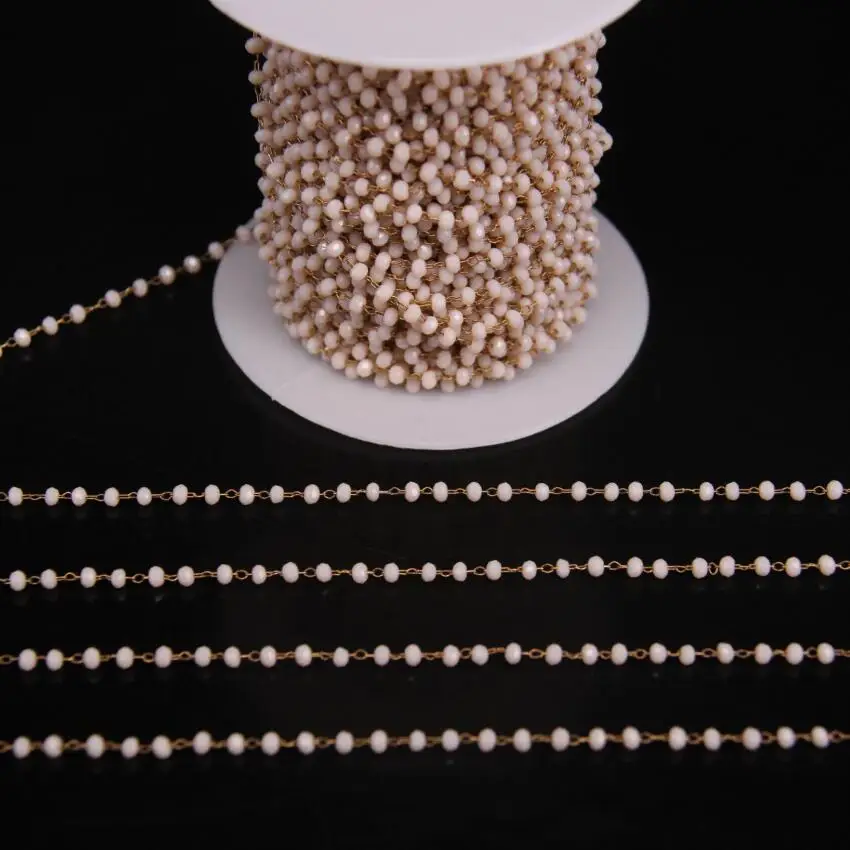 

5Meters,2x3mm Beige Glass Faceted Rondelle Rosary Chain,Copper Brass Wire Wrapped Chain,DIY Women Necklace Crafts Jewelry