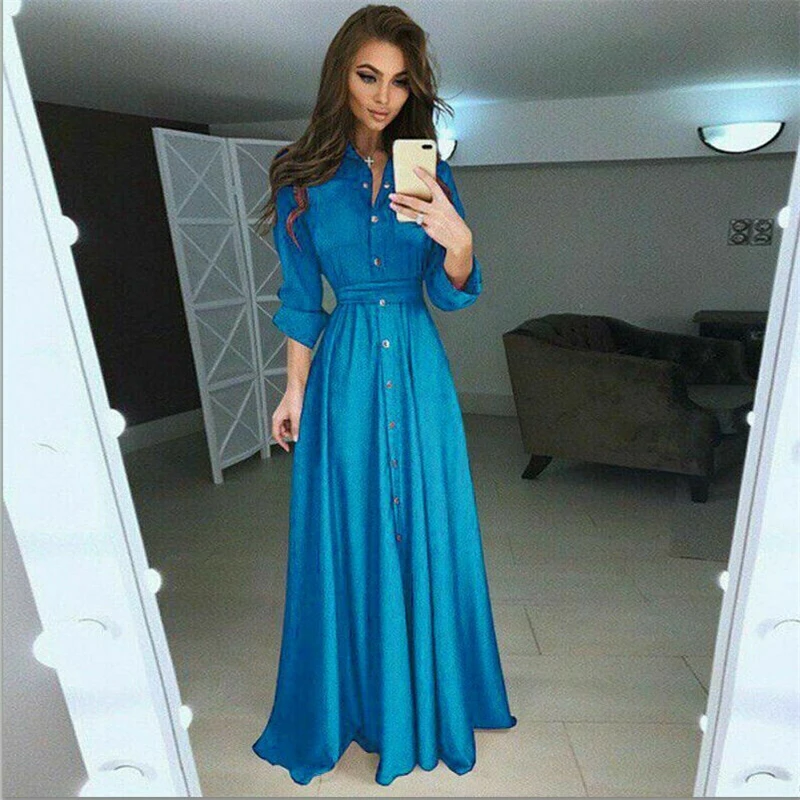 2019 New Fashion Women Long Sleeve Boho Button Dowm Maxi Dress Evening Party Summer Casual Loose Shirt | Женская одежда