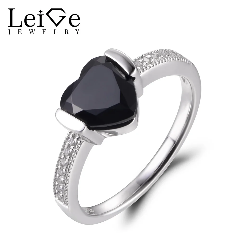 

LeiGe Jewelry Natural Black Spinel Rings Promise Ring Heart Cut Black Gemstone Ring 925 Sterling Silver Romantic Gifts for Women