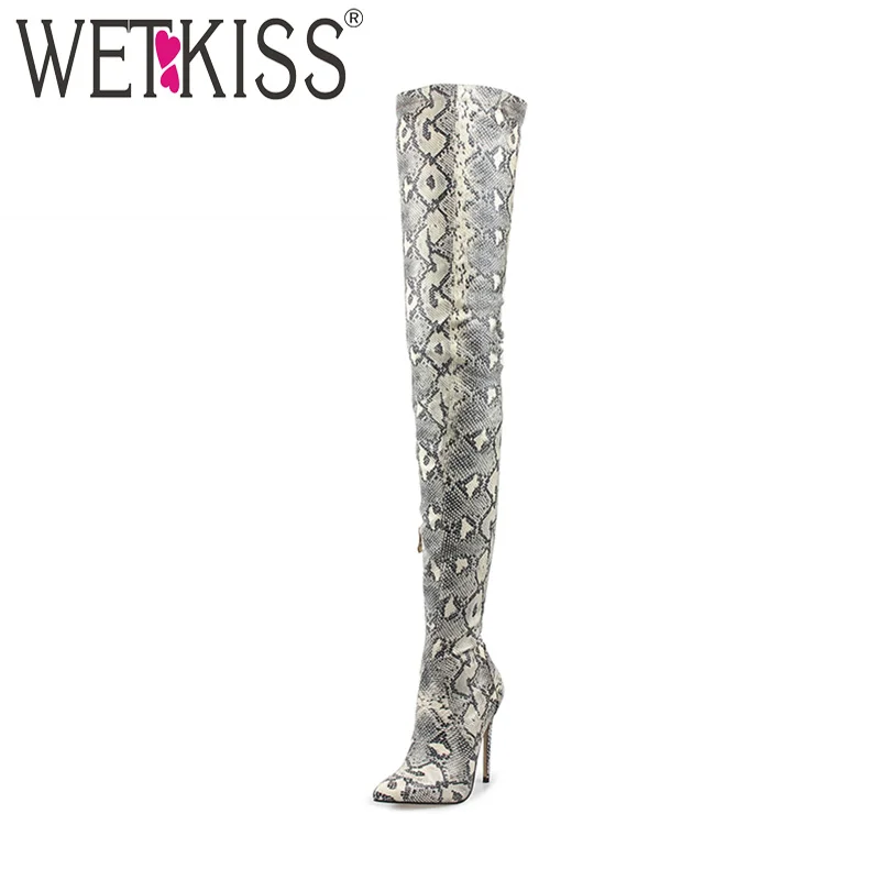 WETKISS/Женские Сапоги выше колена; обувь на молнии с острым носком; пикантные ботинки с принтом змеи; женская обувь на высоком каблуке; женская обувь; большие размеры 43