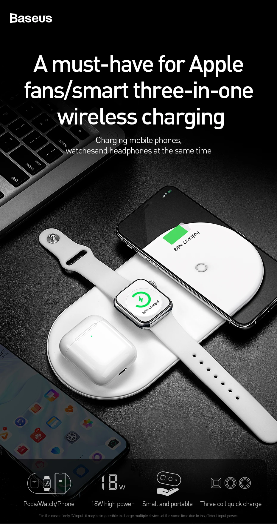 Baseus Smart 3 в 1 Qi Беспроводное зарядное устройство для Apple Watch iPhone XS samsung S10 10 Вт 3,0 Быстрая зарядка для i Watch и наушников