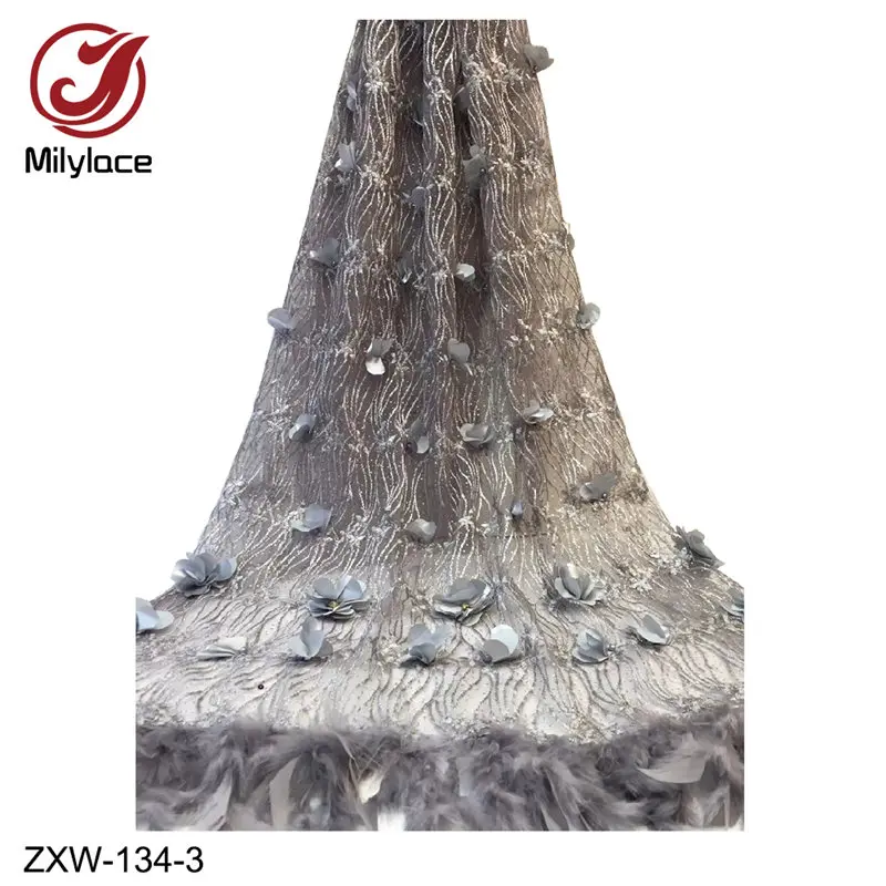ZXW-134-3 Высокое качество 3d Цветочная кружевная вышивка и перьевые кисточки кружевная ткань Горячая французская кружевная ткань для вечерние платья ZXW-134 - Цвет: ZXW-134-3