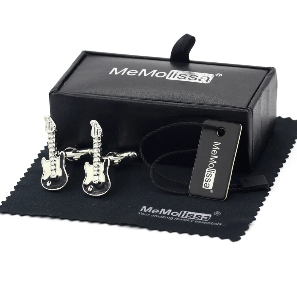 

MeMolissa Display Box Men Jewellery Guitar Cufflinks Black and White Enamel Musical Instruments Design Free Tag & Wipe Cloth