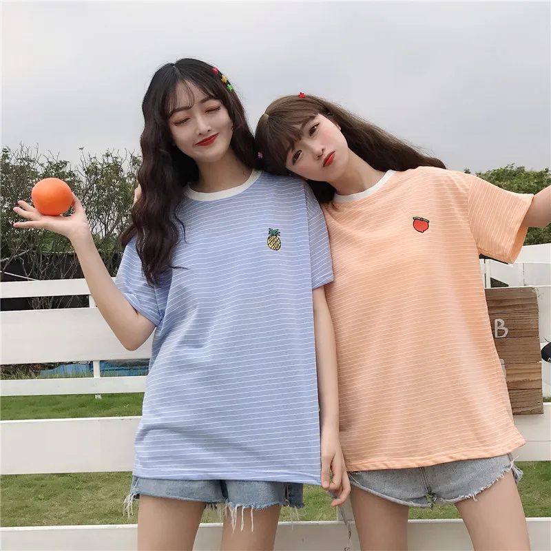 Ulzzang элегантный дизайн лучшие друзья футболка для женщин в полоску топы лето KPOP Корея фрукты вышивка женская футболка Милая одежда
