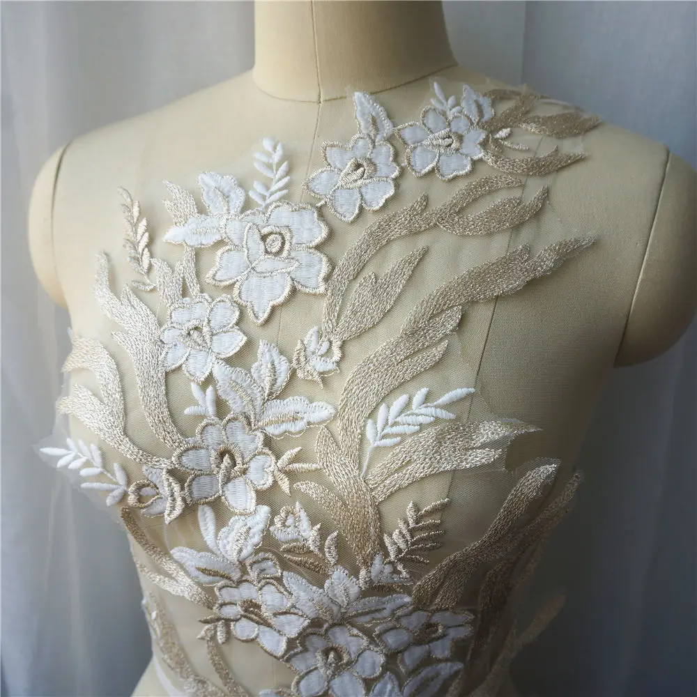 Коричневые Золотые Нитки кружевная ткань цветок вышитая ветка искусственная