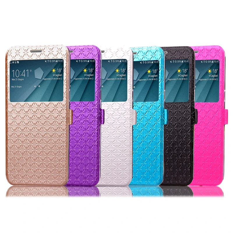Slim Grid Texture PU Leather Cases Bling Glitter Window View Wallet Card Flip Case Stand Cover For Samsung Galaxy S7 Edge Note 7 |