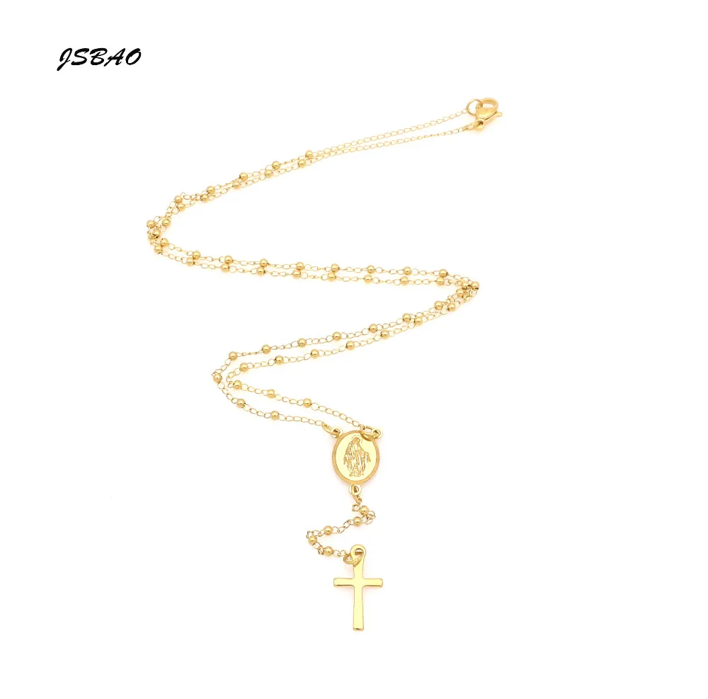 JSBAO Women Rosary Necklaces Stainless Steel Virgin Mary And Jesus Cross Pendants Gold Colour Necklace Women Fashion Jewelry
