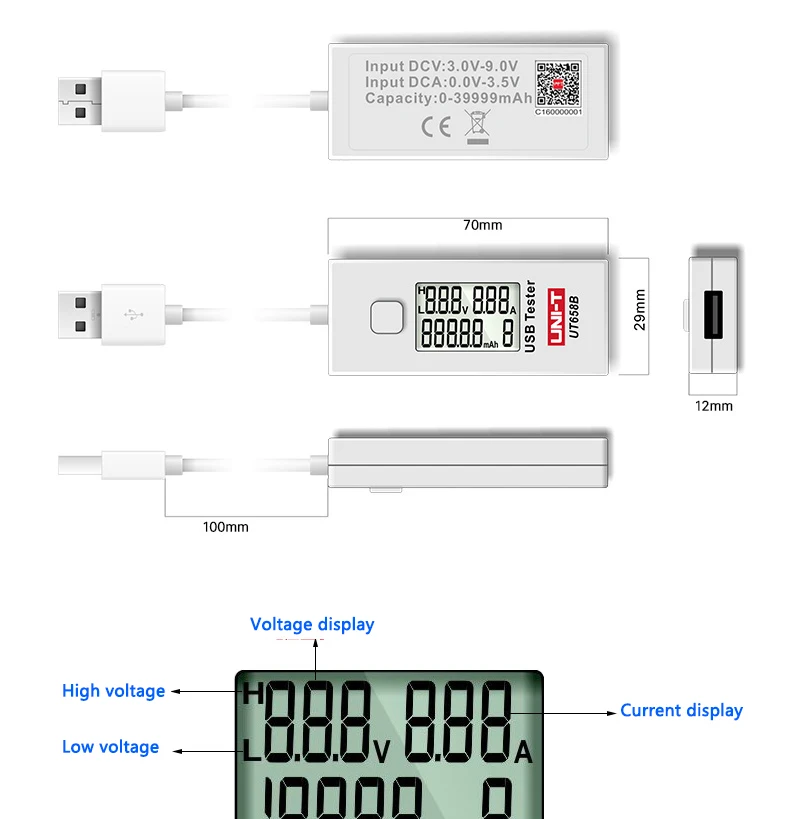 UNI-T UT658 USB прибор для тестирования напряжения зарядное устройство для мобильного телефона контроль качества и безопасности