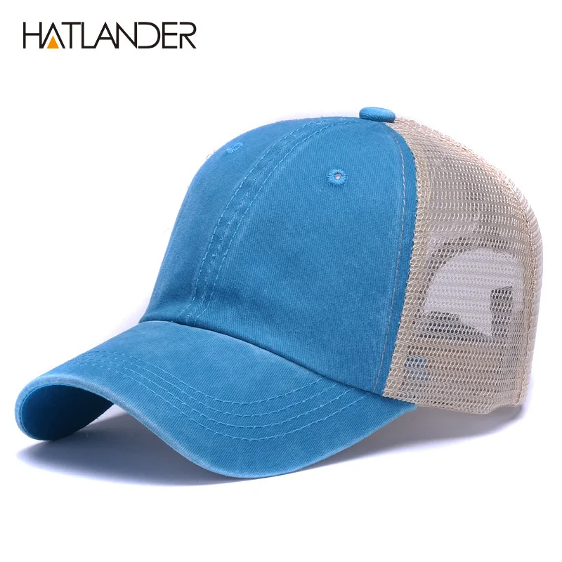 Turquoise blue HATLANDER, повседневные однотонные бейсболки, сетчатая Кепка для грузовика, уличная летняя кепка от солнца, сетчатая Кепка gorras chapeau, регулируемая хлопковая кепка snapback - Цвет: Turquoise blue