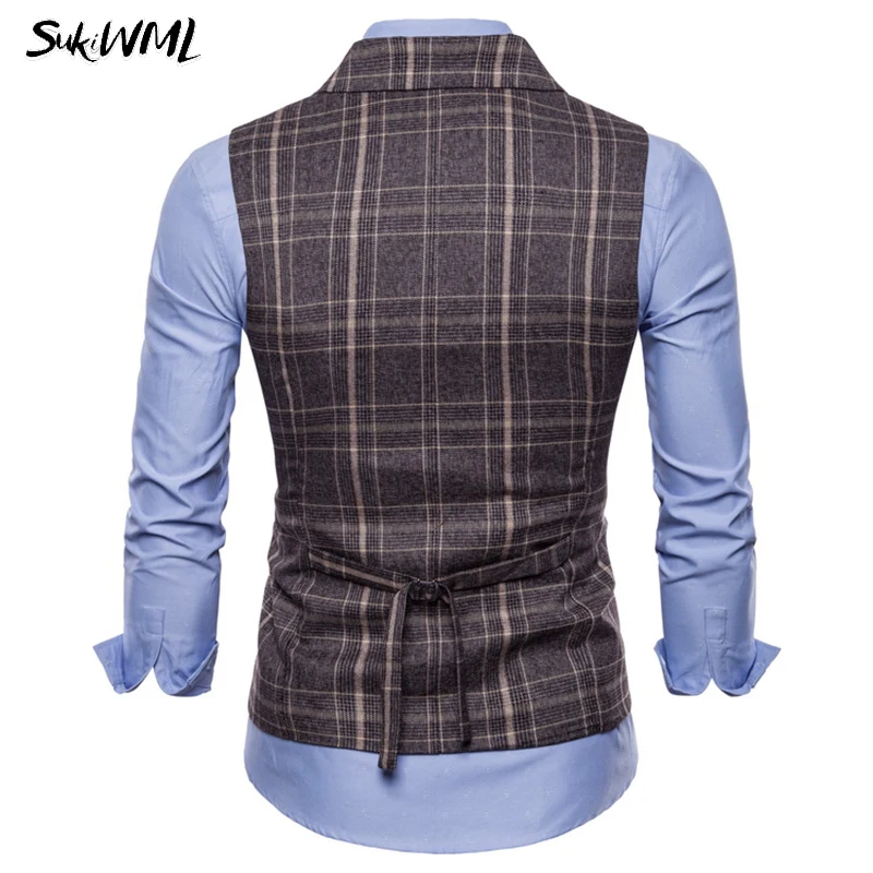SUKIWML Coletes Masculino Social 2018 Новый клетчатый двубортный жилет приталенный мужской