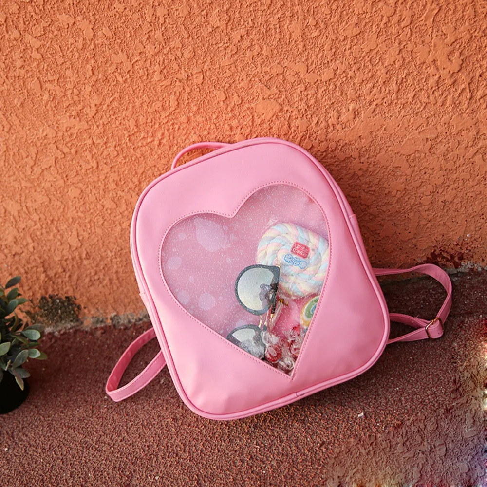 Candy Color PU Leather Ita Bag DIY Transparent Love Heart Shape Backpack Kawaii Harajuku Schoolbags For Teenage Girls#L10