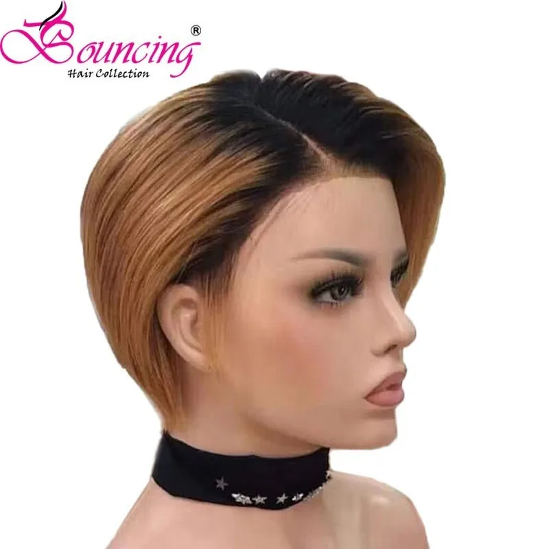 Подпрыгивающие волосы бразильские Реми Индивидуальные Короткие Pixie Cut парик натуральный цвет#27#613 предварительно сорванные короткие парики из человеческих волос для женщин - Цвет: T1/27