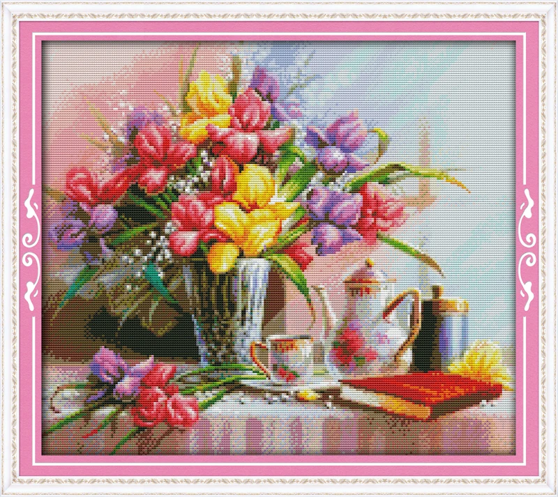

Beautiful flowers Cross Stitch Kit Home Decore 11CT Fabric 14CT Canvas DMC Embroidery Needlework Holiday gifts Cross-stitch set