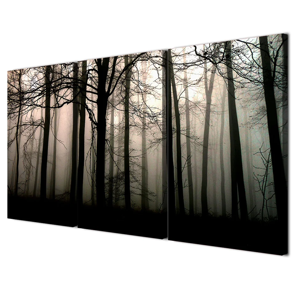 3 панели Холст Искусство туманный Темный лес домашний декор настенная живопись