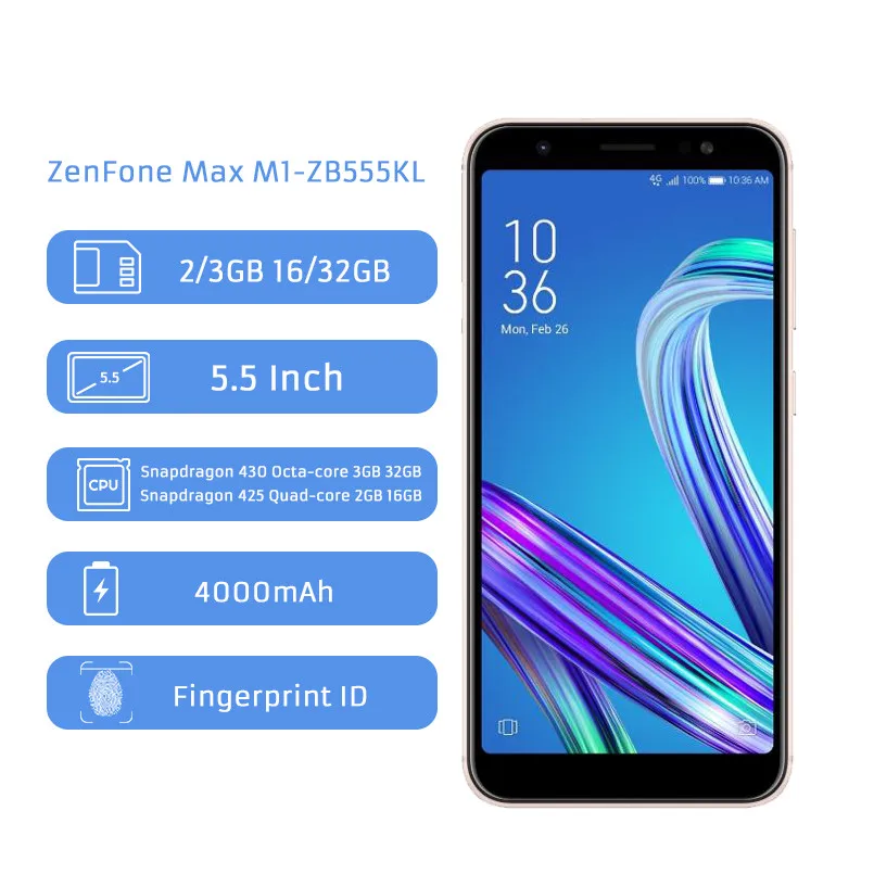 ASUS ZenFone Max M1 ZB555KL 4G LTE Смартфон Android 8,0 5,5 дюйма 4000 mAh Батарея двойной сзади Камера 13MP+ 8MP мобильного телефона