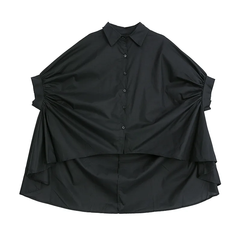 

Johnature 2021 New Turn-down Collar Batwing Loose Fashion Long Irregular Women Tops Blouses Summer Casual Simple Shirt