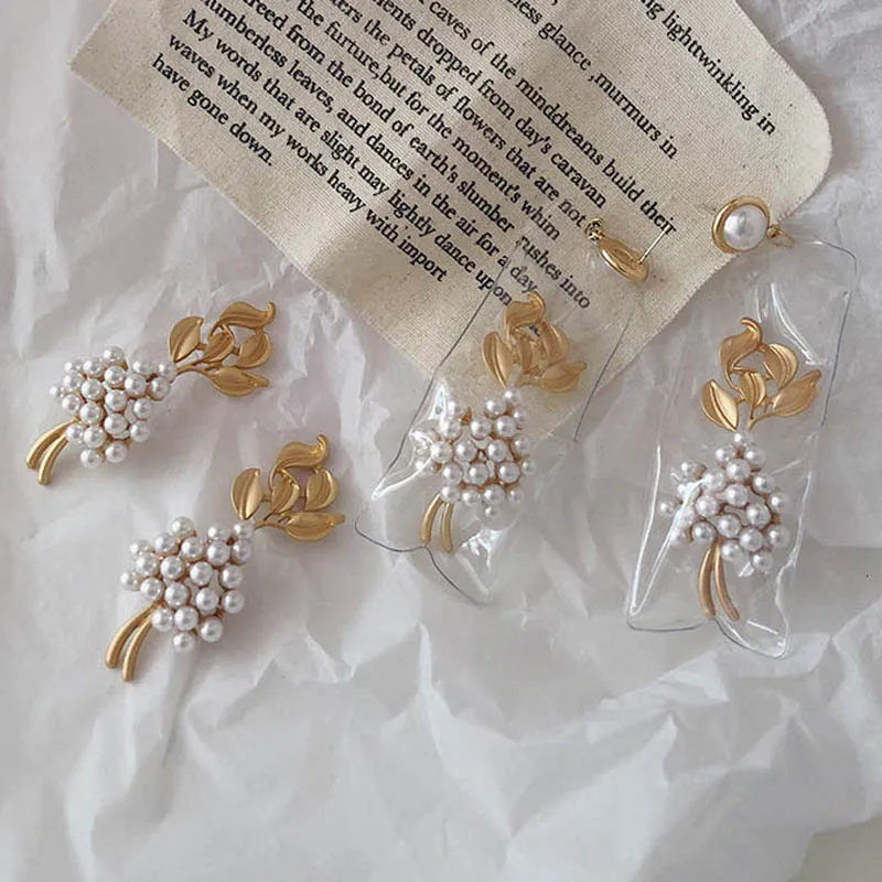 S925 Silver Vintage Transparent Gold Color Simulated Pearl Leaf Walking Show Drop Earrings for Women Party Jewelry Pendientes | Украшения и