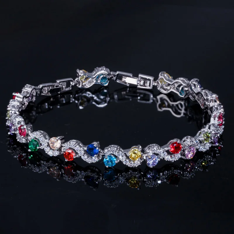 Multi Color ANGELCZ Модный Круглый Синий Зеленый Красный кубический циркон Хрустальный Теннисный браслет для женщин Стерлинговое Серебро 925 ювелирные изделия вечерние подарки AB140 - Окраска металла: Multi Color