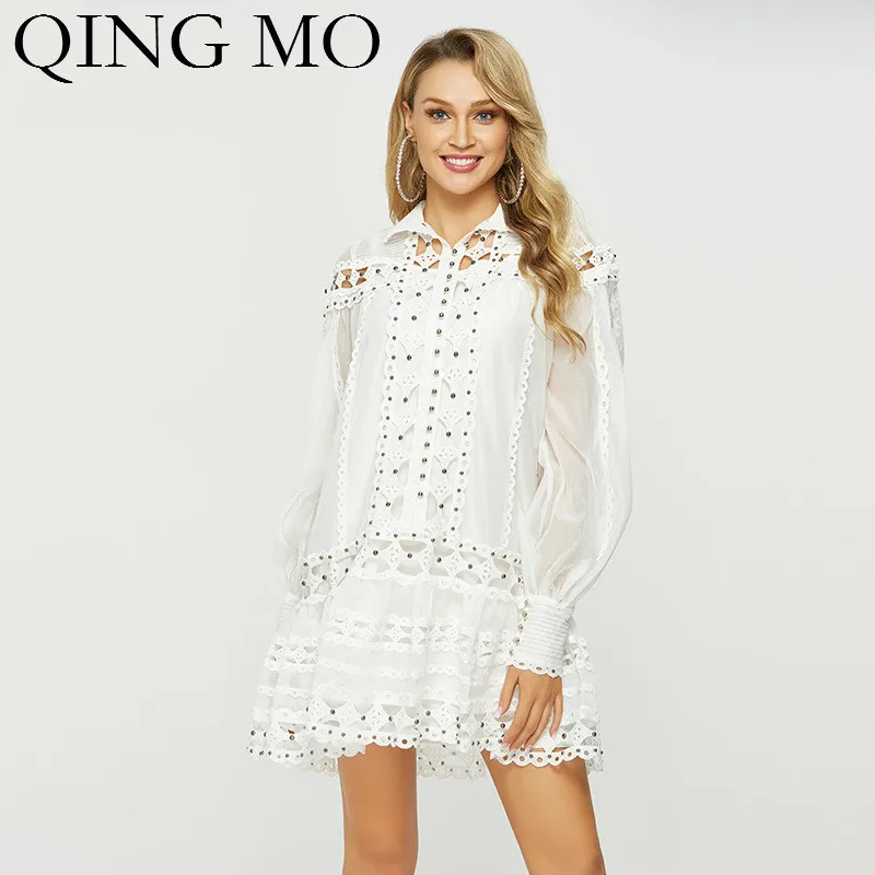 QING MO женское кружевное лоскутное платье с вырезом стойкой и рукавами фонариками