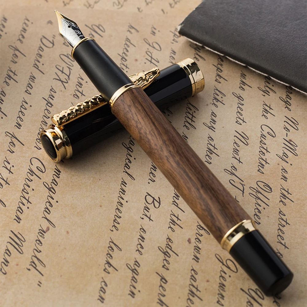 Натуральное дерево перьевая ручка Jinhao 8802 Golden Dragon зажим ретро ручка канцелярские товары, превосходный набор в подарочной коробке