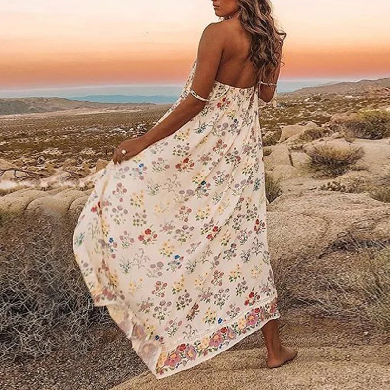 Женское платье макси повседневное белое пляжное с винтажным принтом вырезом