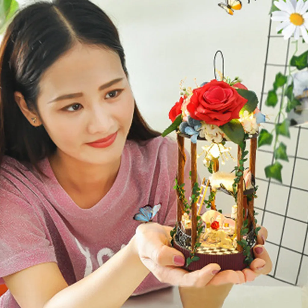 Деревянный Кукольный дом мебель DIY Миниатюрный 3D модель светодиодный Цветок