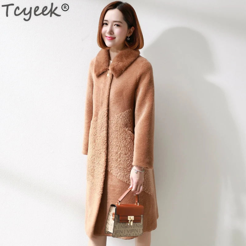 

Женское длинное меховое пальто Tcyeek, из натуральной овечьей шерсти, весеннее пальто с норковым воротником, сезон 2020, LWL1380