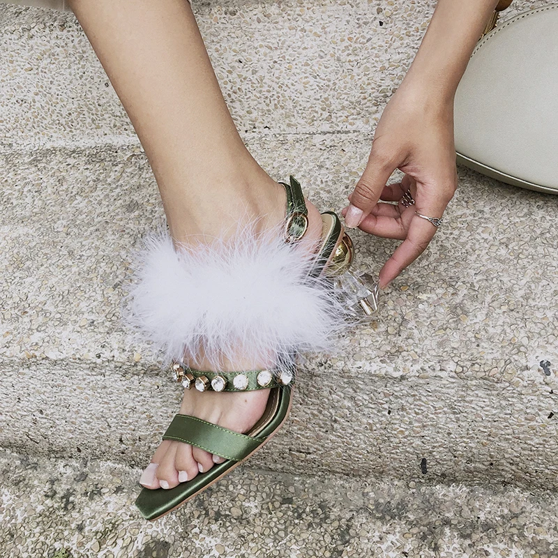 WETKISS Satin Strange Style Sandals Women Summer High Heels Sandals Female Crystal Shoes Woman Feather Party Luxury Shoes Ladies