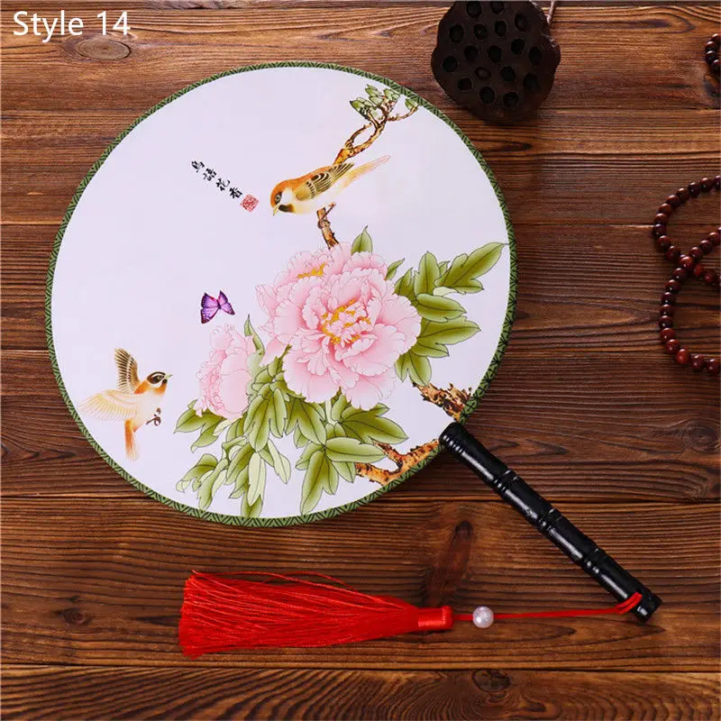 Style 14 28 Стиль s Женский Классический танец Круглый Китайский стиль ручной двусторонний цветок Печатный Шелковый круговой вентилятор с кисточкой кулон - Цвет: Style 14